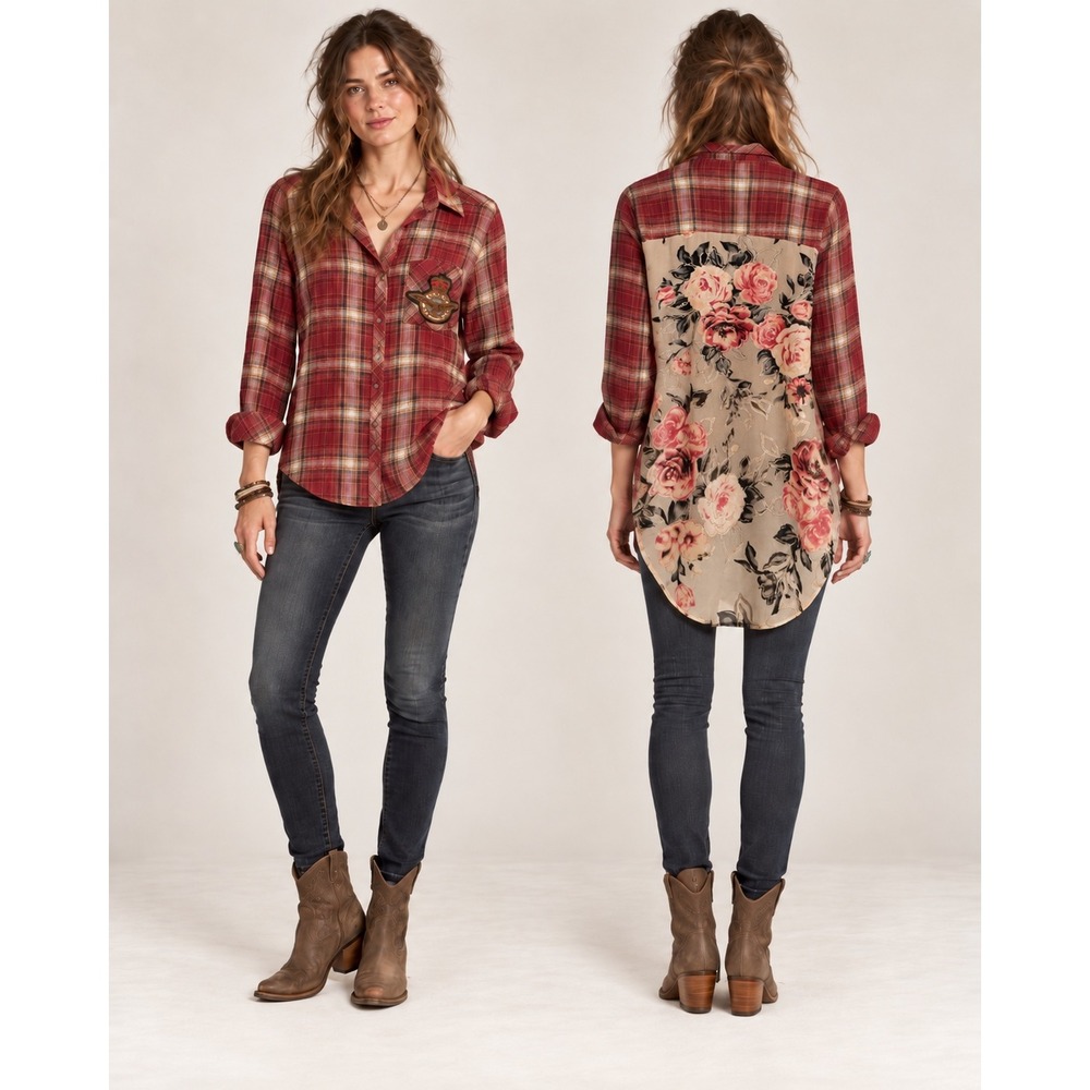 Aratta Silent Journey Plaid Floral Burnout Velvet Back Shirt Red XS Boho Artsy